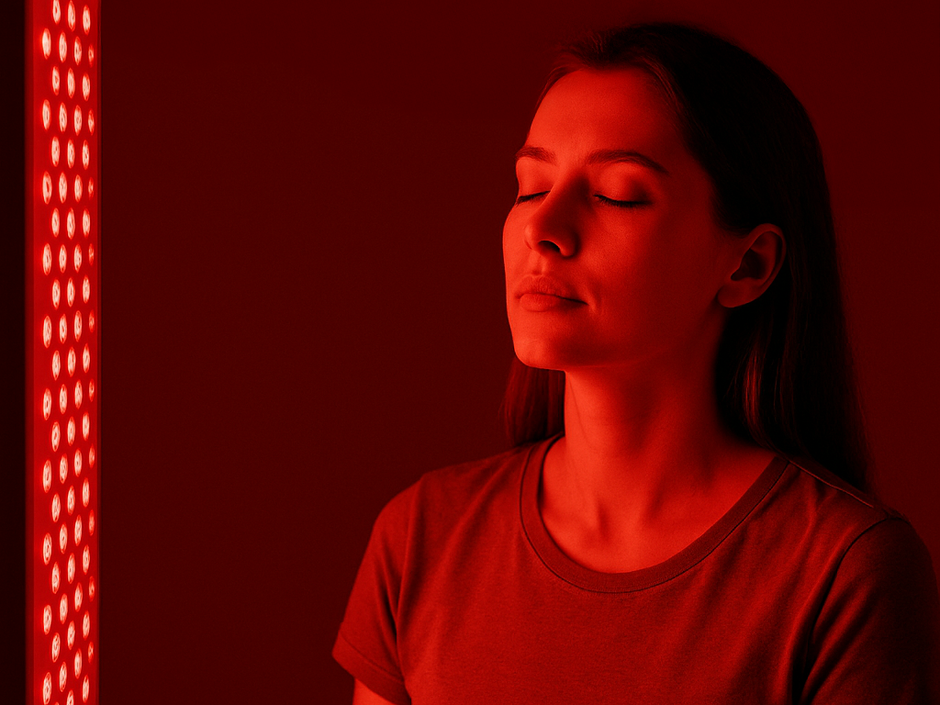 Woman using a red light therapy panel for mental clarity and a greater sense of calm.